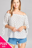 Ladies fashion plus size 3/4 sleeve w/ribbon tie off the shoulder dot print woven top