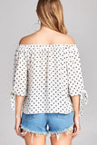 Ladies fashion plus size 3/4 sleeve w/ribbon tie off the shoulder dot print woven top