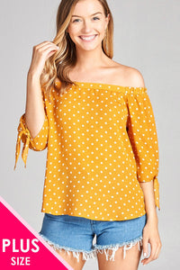 Ladies fashion plus size 3/4 sleeve w/ribbon tie off the shoulder dot print woven top