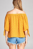 Ladies fashion plus size 3/4 sleeve w/ribbon tie off the shoulder dot print woven top