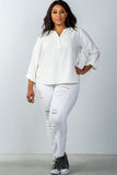 Ladies fashion plus size  oatmeal stand-up collar roll tab sleeve blouse