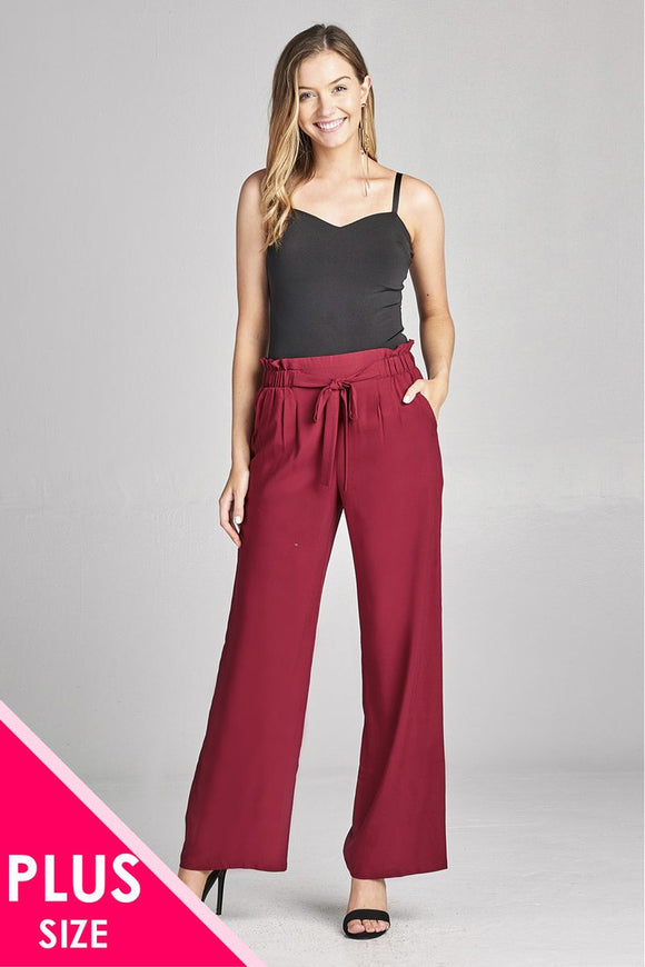 Ladies fashion plus size self ribbon detail long wide leg woven pants