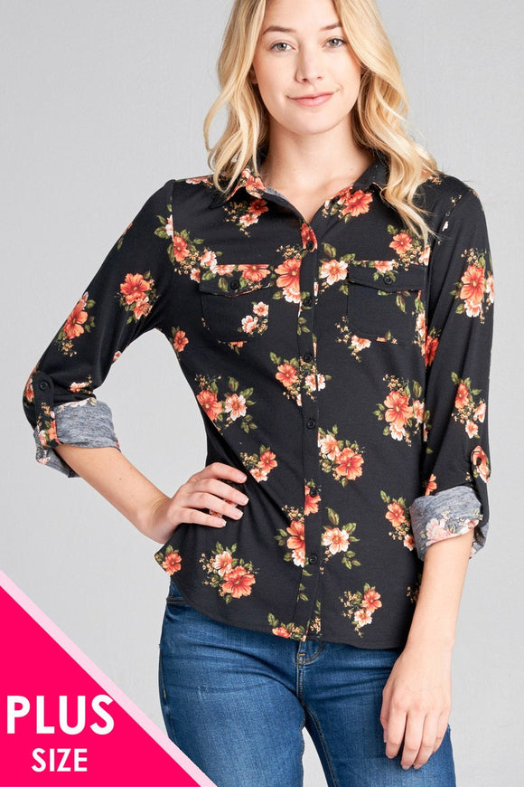 Ladies fashion plus size 3/4 roll up sleeve front pocket detail flower print stretch knit shirts