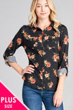 Ladies fashion plus size 3/4 roll up sleeve front pocket detail flower print stretch knit shirts