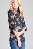 Ladies fashion plus size 3/4 roll up sleeve front pocket detail flower print stretch knit shirts