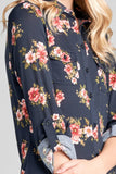 Ladies fashion plus size 3/4 roll up sleeve front pocket detail flower print stretch knit shirts