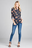 Ladies fashion plus size 3/4 roll up sleeve front pocket detail flower print stretch knit shirts