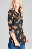 Ladies fashion plus size 3/4 roll up sleeve front pocket detail flower print stretch knit shirts