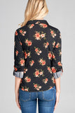 Ladies fashion plus size 3/4 roll up sleeve front pocket detail flower print stretch knit shirts