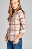 Ladies fashion plus size 3/4 roll up sleeve front pocket detail plaid check print stretch knit shirts