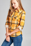 Ladies fashion plus size 3/4 roll up sleeve front pocket detail plaid check print stretch knit shirts