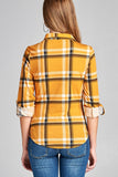 Ladies fashion plus size 3/4 roll up sleeve front pocket detail plaid check print stretch knit shirts