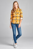 Ladies fashion plus size 3/4 roll up sleeve front pocket detail plaid check print stretch knit shirts