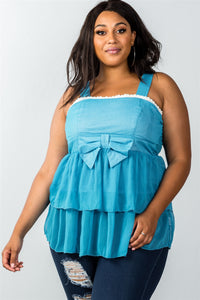 Ladies fashion plus size lace trim blue ruffled babydoll sleeveless top