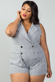 Ladies fashion plus size mini length grey glen plaid surplice romper