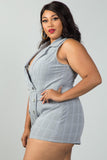 Ladies fashion plus size mini length grey glen plaid surplice romper