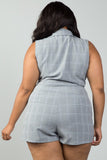 Ladies fashion plus size mini length grey glen plaid surplice romper