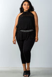 Ladies fashion Plus Size Black Halter Neck Rhinestone Belt Top