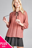 Ladies fashion plus size 3/4 sleeve contrast tie front button detail slub gauze woven top