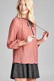 Ladies fashion plus size 3/4 sleeve contrast tie front button detail slub gauze woven top