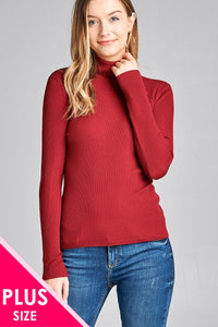 Ladies fashion plus size long sleeve turtle neck fitted rib sweater top