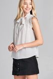 Ladies fashion plus size short ruffle sleeve self tie dot print crepe woven top