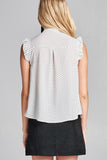 Ladies fashion plus size short ruffle sleeve self tie dot print crepe woven top