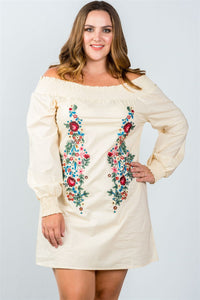 Ladies fashion plus size floral embroidered off the shoulder tunic dress