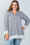 Ladies fashion plus size contrast crochet trim vertical striped top