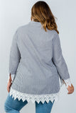 Ladies fashion plus size contrast crochet trim vertical striped top