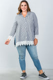 Ladies fashion plus size contrast crochet trim vertical striped top