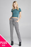 Ladies fashion plus size self ribbon detail long leg checked print woven pants