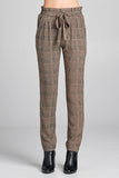 Ladies fashion plus size self ribbon detail long leg checked print woven pants