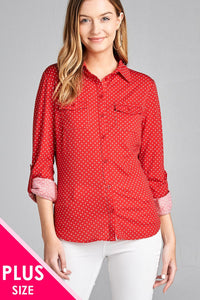 Ladies fashion plus size 3/4 roll up sleeve front pocket detail dot print stretch knit shirts