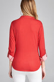 Ladies fashion plus size 3/4 roll up sleeve front pocket detail dot print stretch knit shirts