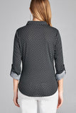 Ladies fashion plus size 3/4 roll up sleeve front pocket detail dot print stretch knit shirts