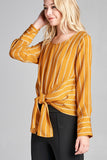 Ladies fashion plus size long sleeve round neck front self tie stripe print woven top