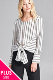 Ladies fashion plus size long sleeve round neck front self tie stripe print woven top