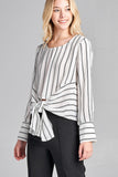 Ladies fashion plus size long sleeve round neck front self tie stripe print woven top