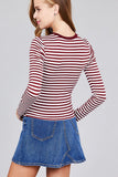 Ladies fashion plus sizelong sleeve crew neck striped dty brushed top