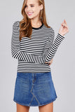 Ladies fashion plus sizelong sleeve crew neck striped dty brushed top