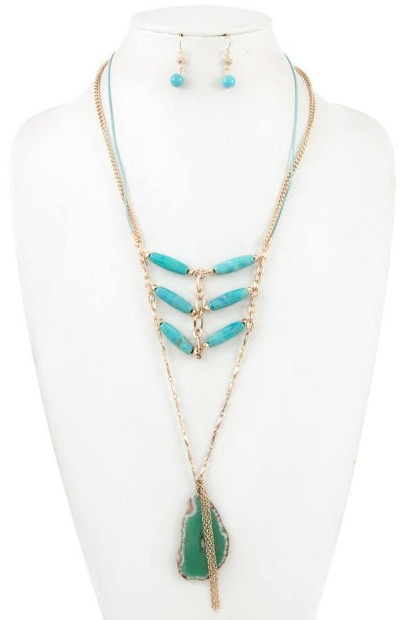 Stone layered link gem long necklace set