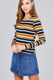 Ladies fashion plus size long sleeve crew neck multi striped dty brushed top