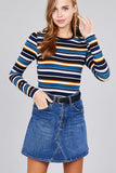 Ladies fashion plus size long sleeve crew neck multi striped dty brushed top