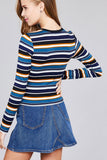 Ladies fashion plus size long sleeve crew neck multi striped dty brushed top