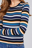 Ladies fashion plus size long sleeve crew neck multi striped dty brushed top