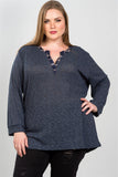 Ladies fashion plus size navy and plaid trim tunic top