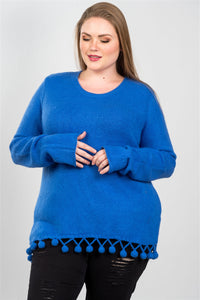 Ladies fashion plus size blue pom-pom hem sweater