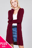 Ladies fashion plus size long sleeve open front side slit tunic length brushed waffle cardigan