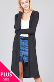 Ladies fashion plus size long sleeve open front side slit midi length brushed waffle cardigan